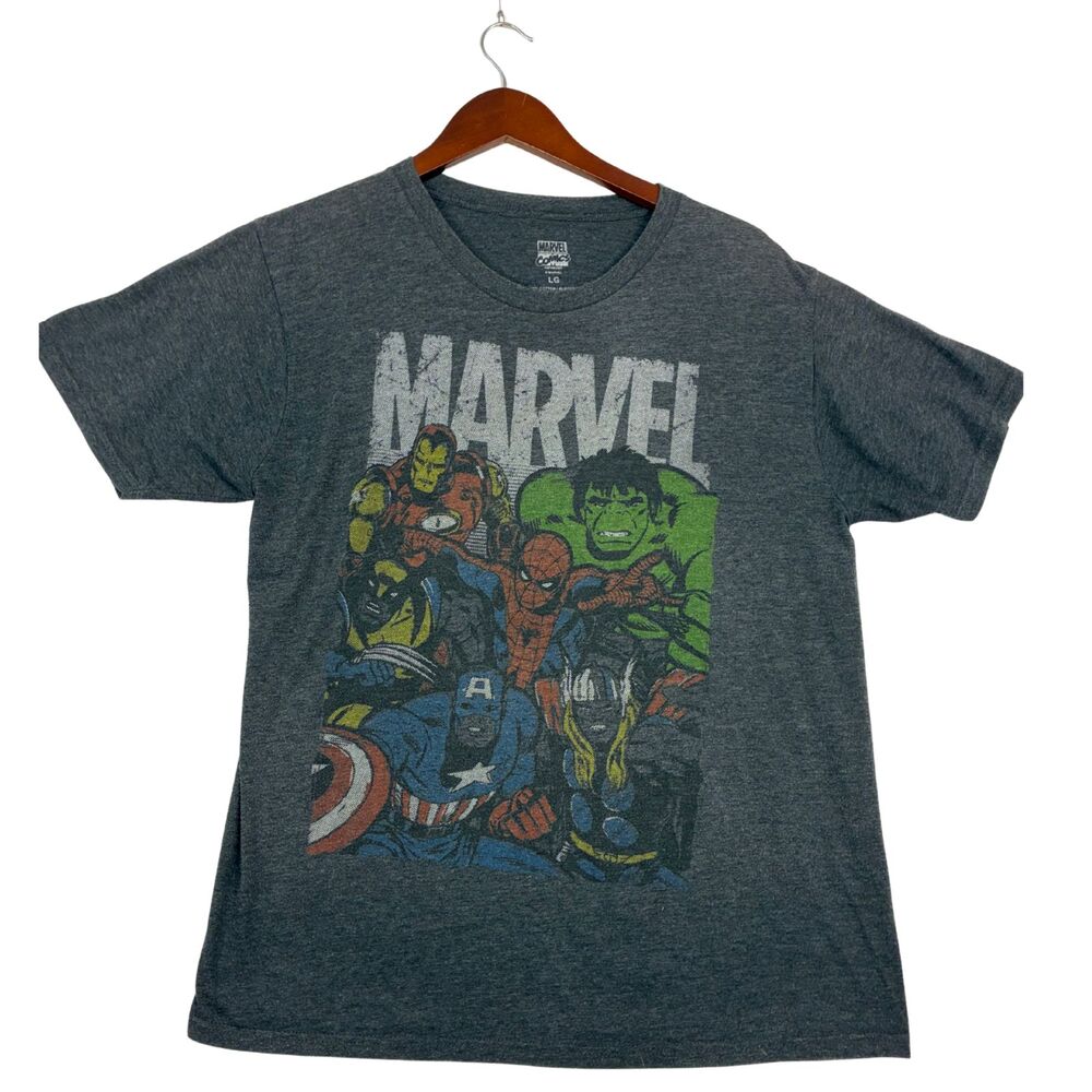 Marvel Comics Avengers T Shirt Mens Large Gray Hulk Iron Man Spider-Man Thor